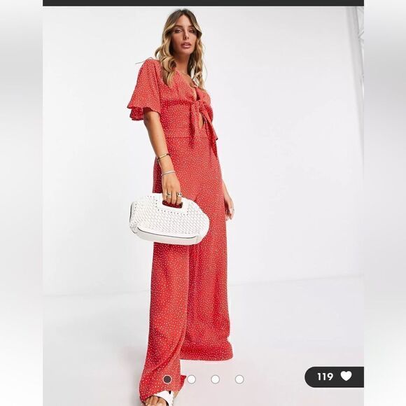 Mango Jumpsuit Medium Red Polka Dot Tie Front Wide Leg Short Sleeve - Picture 5 of 7